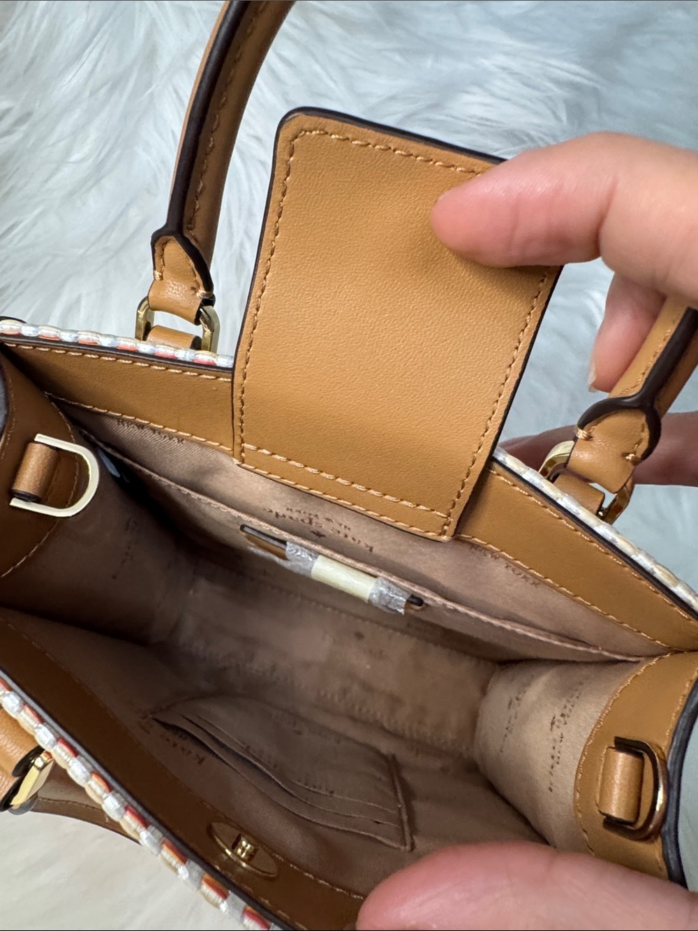 kate spade Tan and Pink Woven Crossbody Mini Tote - Picture 7 of 15
